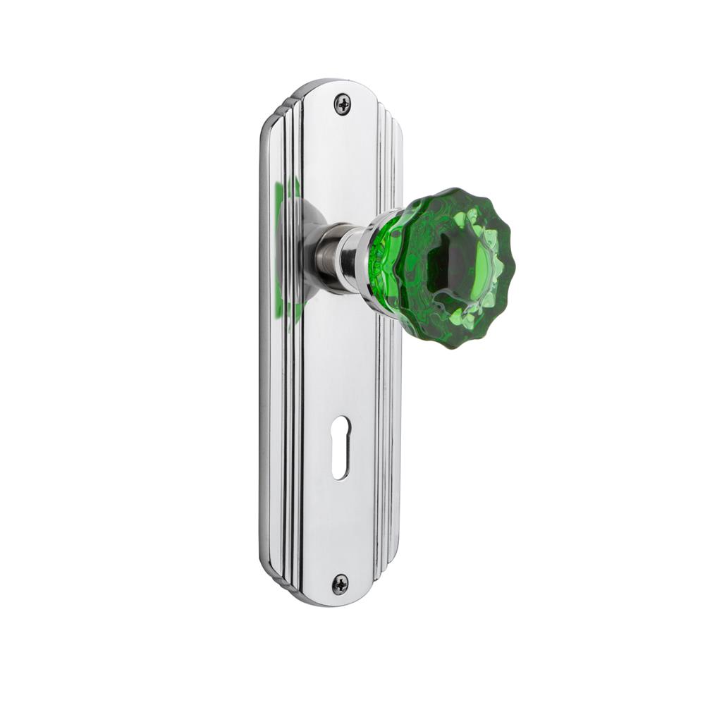 Nostalgic Warehouse DECCRE Colored Crystal Deco Plate Interior Mortise Crystal Emerald Glass Door Knob in Bright Chrome